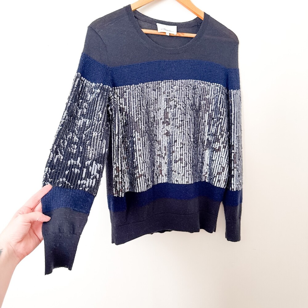 3:1 Phillip Lim Women’s Sweater Wool Sequin Size SMALL Navy Elegant Merino Wool - Picture 3 of 11